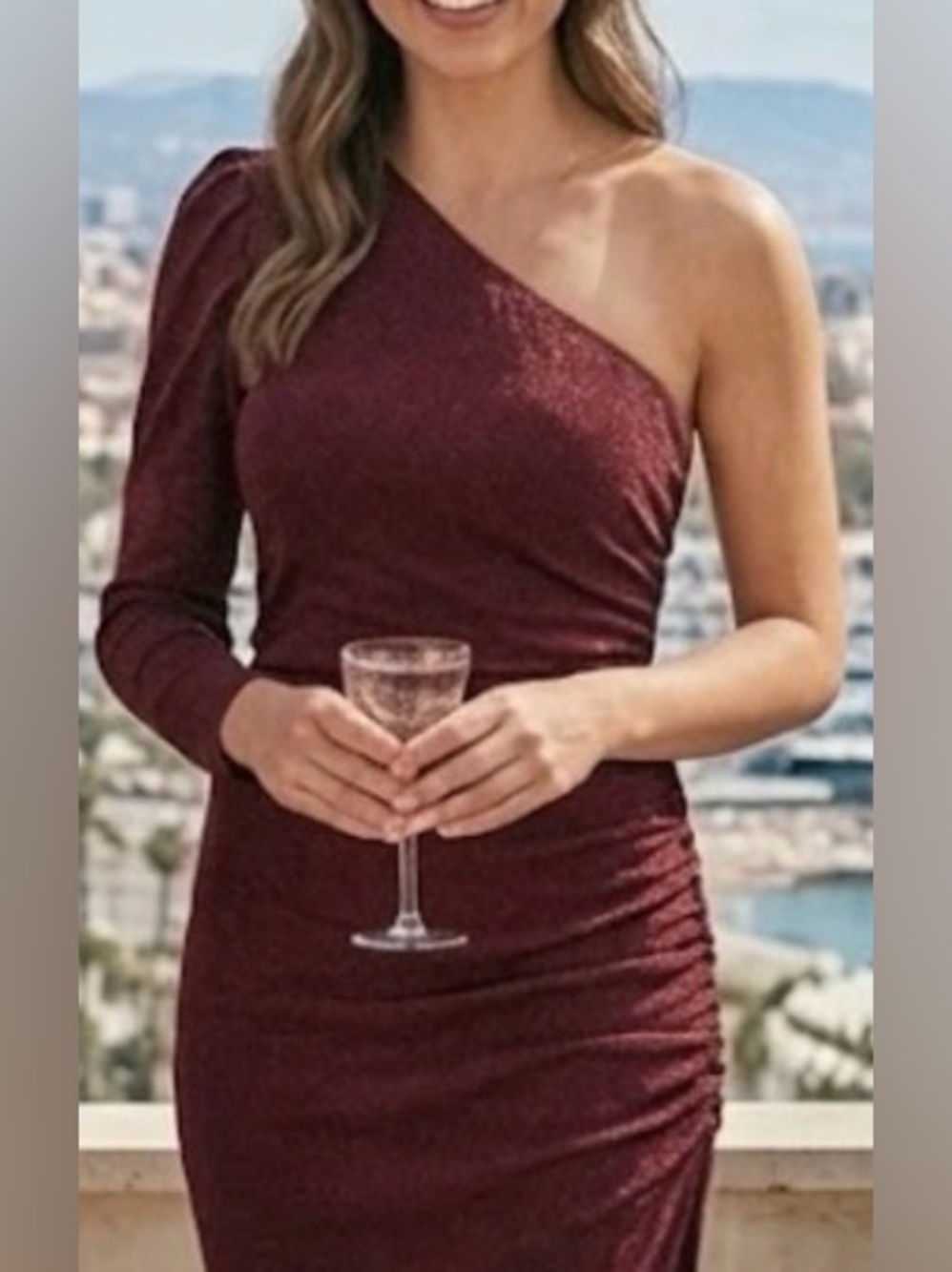 Asymmetric One-Shoulder Red wine Midi Dress